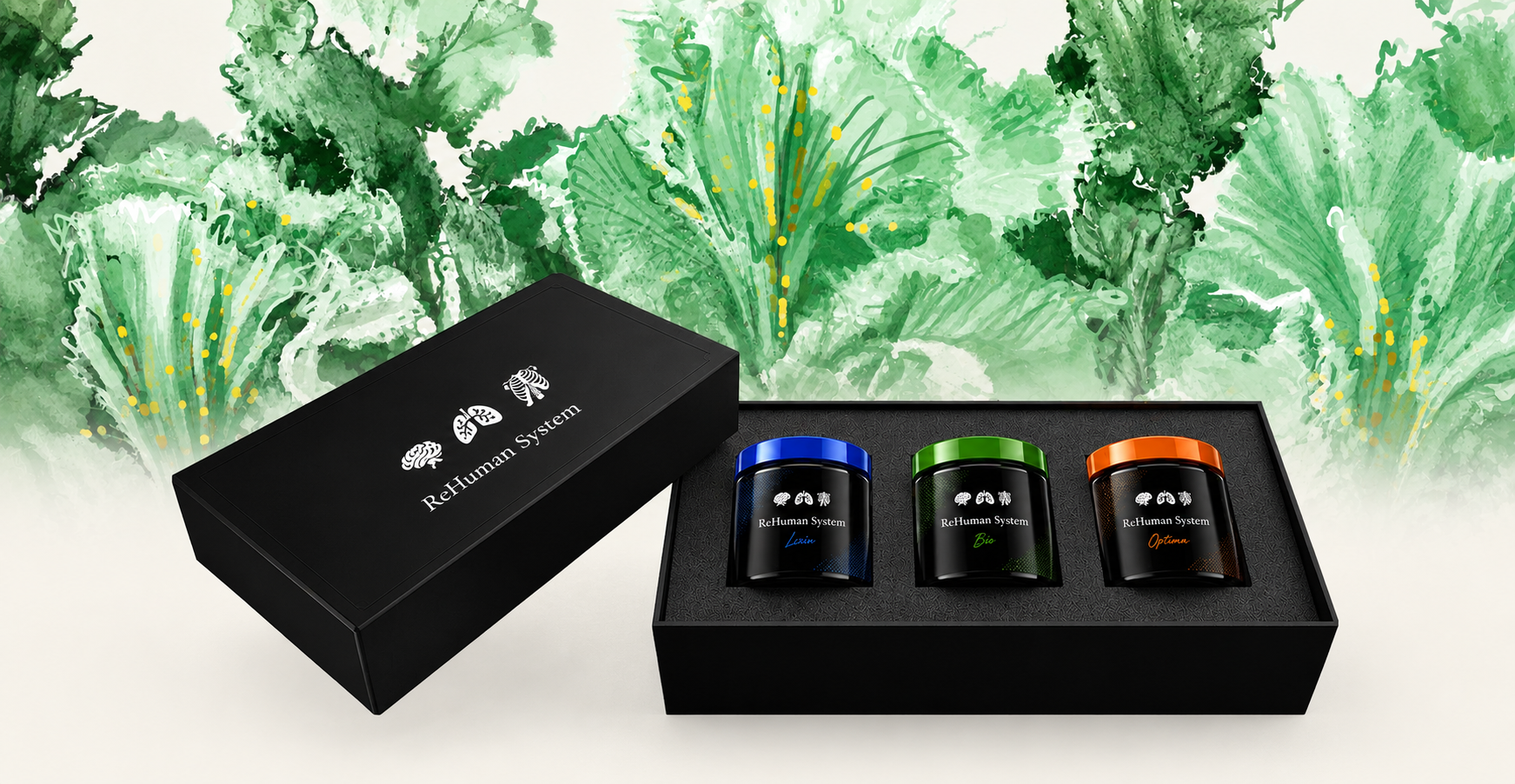 ReHuman System — matte-black apothecary box with three formula jars against green iris artwork